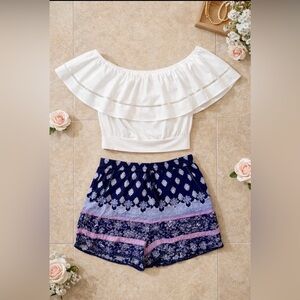 LULUS "Adventure Abroad" Layered White Crop Top and Floral Shorts